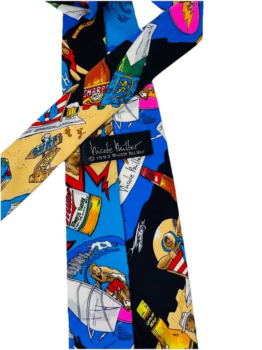 Vintage Nicole Miller 1993 Miller Beer Summer Print Mens Silk Tie 3.75 x 58